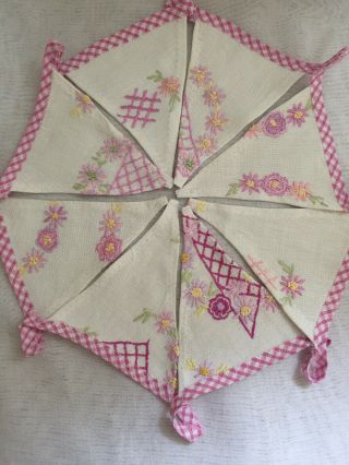 Vintage Bunting Pink Embroidered Floral Unique Handmade Shabby Chic 2m 2