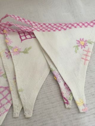 Vintage Bunting Pink Embroidered Floral Unique Handmade Shabby Chic 2m 5