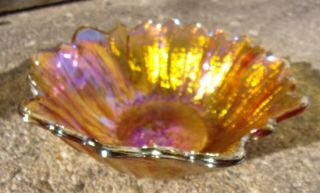 Vintage Marigold Carnival Glass Sunflower Bowl Leaf Design Purple Hue 7 " Wide