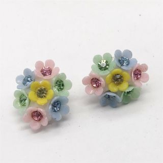 Vintage Ladies Costume Jewellery Multicoloured Flower Cluster Clip On Earrings