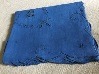 Vintage Cotton Tablecloth With Cutwork Embroidery In Mid Blue