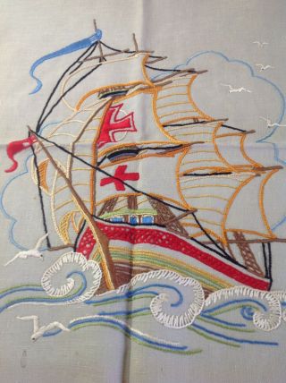 Vintage Hand Embroidered Picture Panel - Ship Galleon On The High Seas / Seagulls