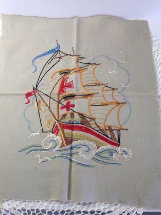 VINTAGE HAND EMBROIDERED PICTURE PANEL - SHIP GALLEON ON THE HIGH SEAS / SEAGULLS 2