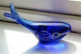 Vintage Murano Art Glass Cobalt Blue Whale Ornament / Paperweight Hand Blown