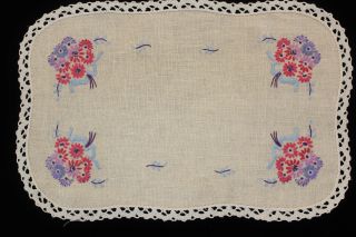 Vintage Beige Linen Cloth With Hand Embroidered Red,  Blue,  Mauve Flowers.
