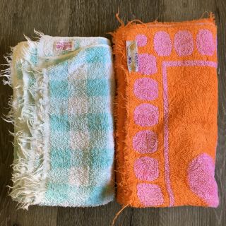 Two Vintage 60s 70s Bath Towels Orange Floral Blue Gingham