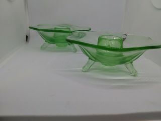 2 Vintage Footed Green Depression Glass Candle Holders.