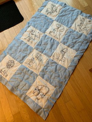 Vintage Hand Embroidered Blue & White Flour Sack &gingham Childs Quilt - 34” X55”