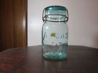 Vintage " Atlas " E Z Seal Blue Quart Canning Jar W/ Wire Bail Closure & Blue Lid