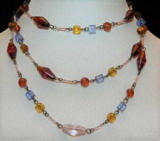 Vintage Brown Blue Pink Glass Bead 51 " Flapper Necklace Cube Oval Gold Tone