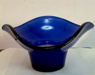 Vintage Blue Art Glass Handmade Freeform Moulded Bowl Central Flower Arranger