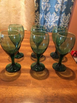 Vintage Libbey 6 Juniper Green Gold Rim Wine Water Beverage Goblets Glasses Ec