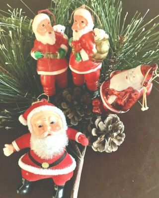 4 Vtg/retro Mid Century Hard Plastic Santa Christmas Ornaments - Ready To Hang