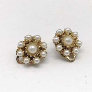 Vintage Ladies Costume Jewellery Gold Tone Faux Pearl Clip On Earrings