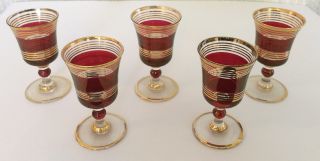 5 X Vintage Sherry Port Glasses - Red And Gold Stripes - H:7cm,  W:4cm