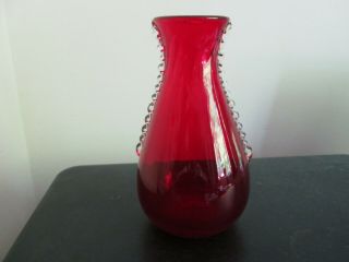 Vintage Whitefriars Ruby Red Glass Vase With Clear Design Pat 9420,  18 Cm
