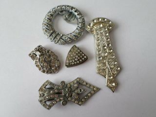 5 Vintage Silver Tone Diamante Scarf Fur Dress Clips (brooch) All Missing Stones