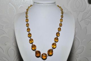 Vintage Amber Glass Necklace Strung On Square Cut Rolled Gold Wire