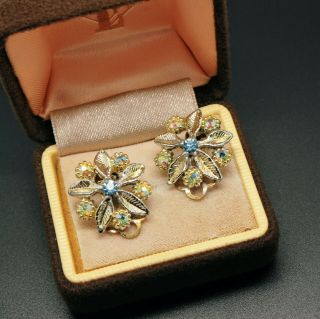 Vintage Jewellery Pretty Gold Tone Aurora Borealis Clip On Flower Earrings