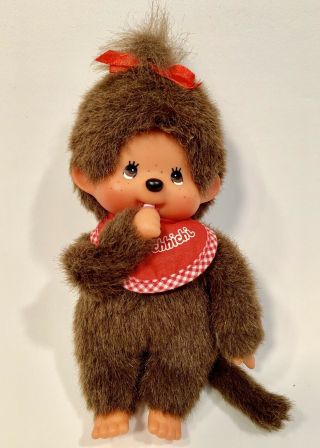 Vintage Sekiguchi 8  Girl Monchhichi Monkey Plush Doll W/ A Red Bib Beans Body