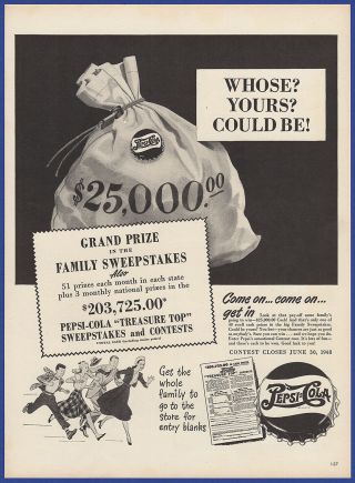 Vintage 1948 Pepsi - Cola Pepsi Soda Pop Sweepstakes Contest Cola Print Ad