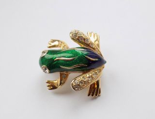 Vintage Green & Blue Enamel,  Gold Tone Frog Brooch.  Set With Rhinestones.