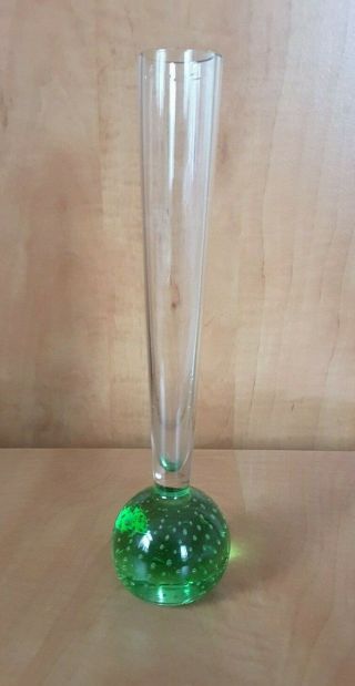 Vintage Retro Hand Blown Art Glass Controlled Bubble Green Base Bud Vase