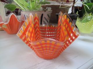 Vintage Glass Handkerchief Bowl Red / Orange Check Dish