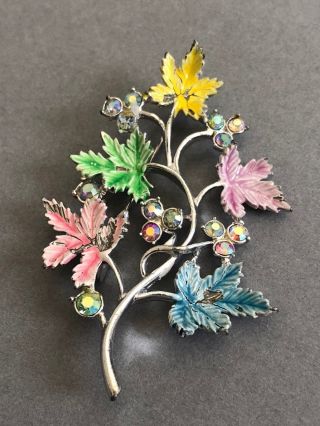 Vintage Painted Brooch - Colourful Maple Leaves & Aurora Borealis Style Stones