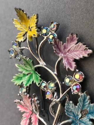 Vintage Painted Brooch - Colourful Maple Leaves & Aurora Borealis Style Stones 3