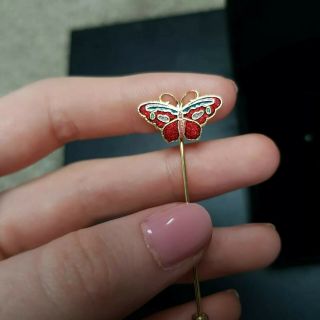 Vintage Cloisonne Enamel Red Butterfly Gold Tone Insect Animal Hat Scarf Pin