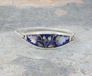 Mexican Bracelet Abalone Alpaca Silver 6 - 3/8 Vtg Hinge Purple Enamel Inlays N002 3