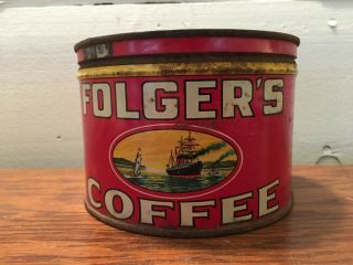Vintage Folger ' s Coffee One 1 Pound Tin Metal Can Empty with Lid 2