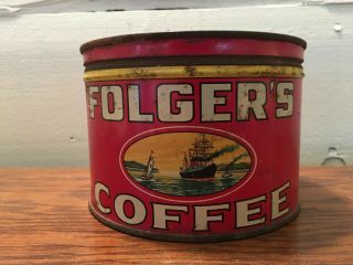Vintage Folger ' s Coffee One 1 Pound Tin Metal Can Empty with Lid 4