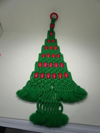 Vintage Macrame Christmas Tree Green With Red Beads Retro 1970 
