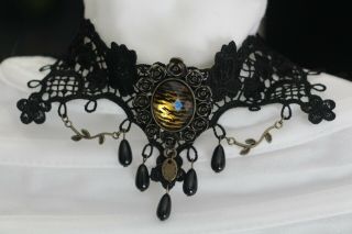 Vintage Lace And Gem Choker Necklace.  Stunning Black And Tiger Eye Stone