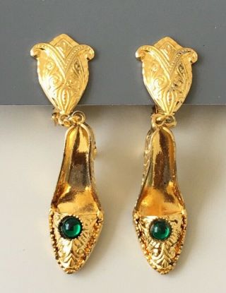 Vintage High Heeled Shoe Clip On Earrings In Gold Tone Metal
