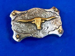 Vintage? Mixed Metal Texas Long Horn Cow Steer3” Belt Buckle Stars In Corners