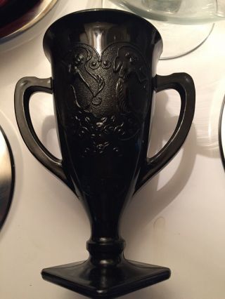 Vtg L E Smith Black Amethyst Glass Trophy Cup Vase With Dancing Nymphs Plain Rim