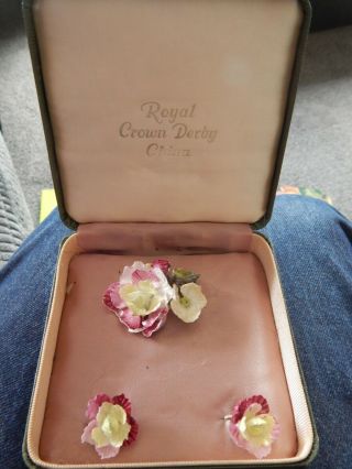 Vintage Royal Crown Derby Brooch And Earring Set - Floral