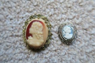 2 Victorian Style Cameo Vintage Brooches One Gold/red One Silver/blue
