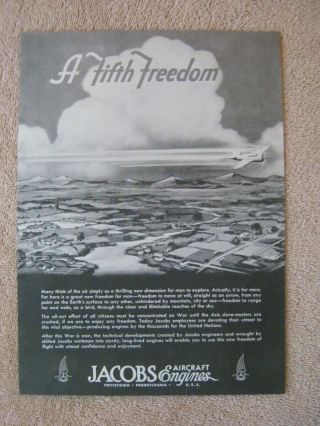 Vintage 1944 Wwii Jacobs Aircraft Engines Flying A Fifth Freedom Print Ad