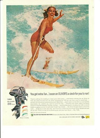 Vintage 1958 Oliver Outboard Motors Swimsuit Ad,  Lone Star Boats Ad