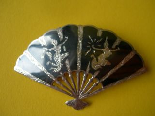 Vintage Siam Sterling Silver / Black Niello Fan Shaped Dancers Brooch 9g