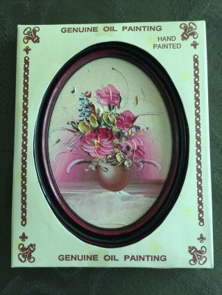 Vtg Nos Handpainted Oil Painting - Small Oval Framed - Pink Flowers In Vase