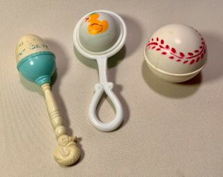 3 Vintage 1970s Baby Rattles Plastic Baseball Ducks