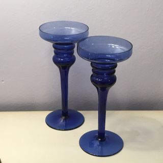 Vintage Pair Cobalt Blue Glass Candlesticks Convertible Candle Holders