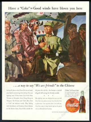 1943 Coke Flying Tigers Plane Usaf Chinese Pilot Art Coca Cola Vintage Print Ad