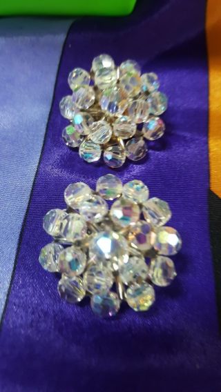 Vintage Clip Earring Made In Italy Aurora Borealis Clear Beaded Cluster