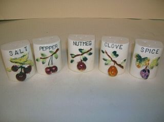 Qty 5 Vintage Ceramic Spice Salt & Pepper Jars Set With Corks Embossed Japan